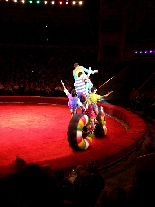 Акробаты-велосипедисты впятером на велосипеде с огромными колесами